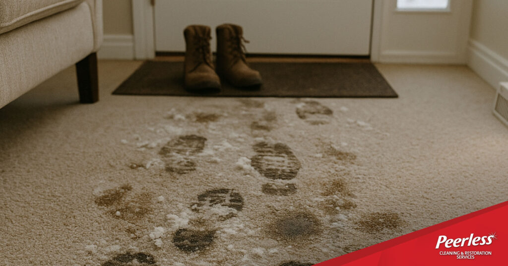 Snowy, dirty footprints tracked across a light-colored carpet near a home’s entryway during winter.