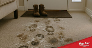 Snowy, dirty footprints tracked across a light-colored carpet near a home’s entryway during winter.
