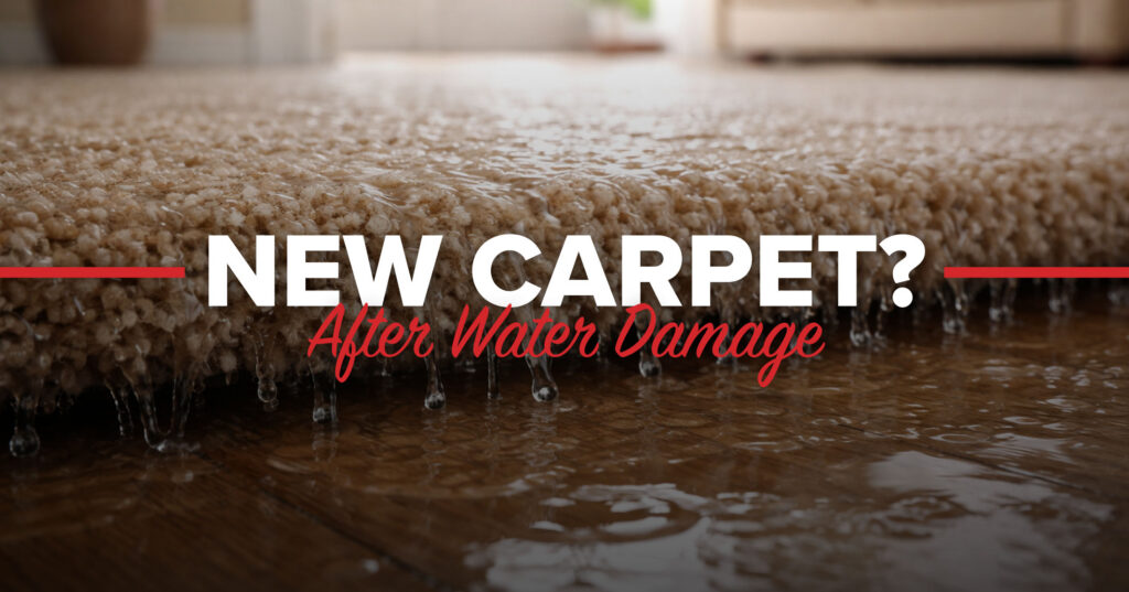 Water-soaked carpet dripping onto hardwood floor after water damage, illustrating potential need for carpet replacement.
