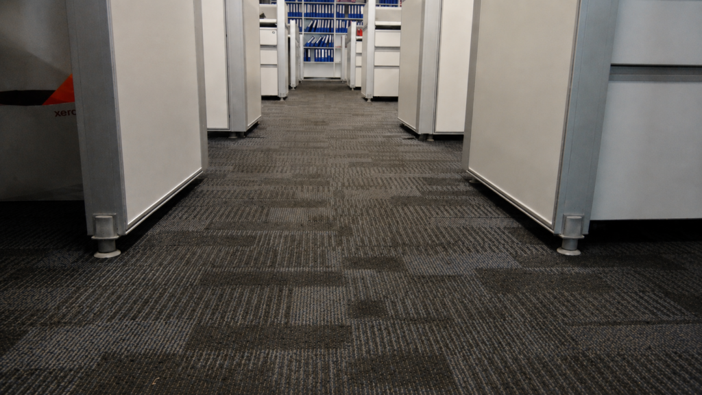 Commercial office carpet with visible dirt, stains, and heavy traffic patterns before professional carpet cleaning.