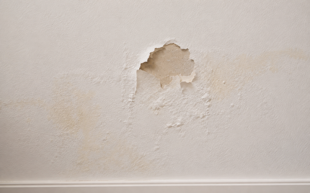 Peeling paint and bubbling drywall caused by hidden water damage from moisture trapped behind an interior wall.