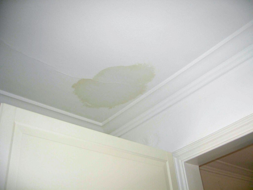 Brown water stain on a ceiling caused by a hidden plumbing or roof leak, an early warning sign of water damage.